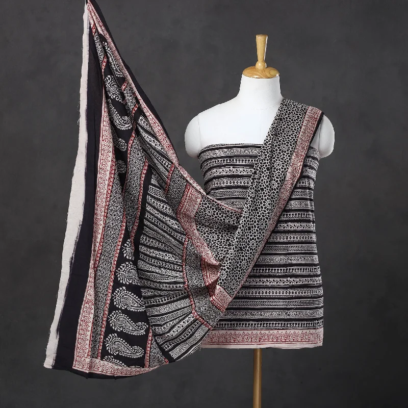 One-DAY Sale Black - 3pc Natural Dyed Cotton Bagh Print Suit Material Set 14