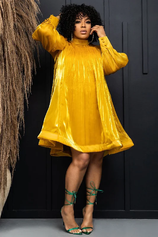 Online Only Long Sleeve Bell Shaped Pleats Satin Dress