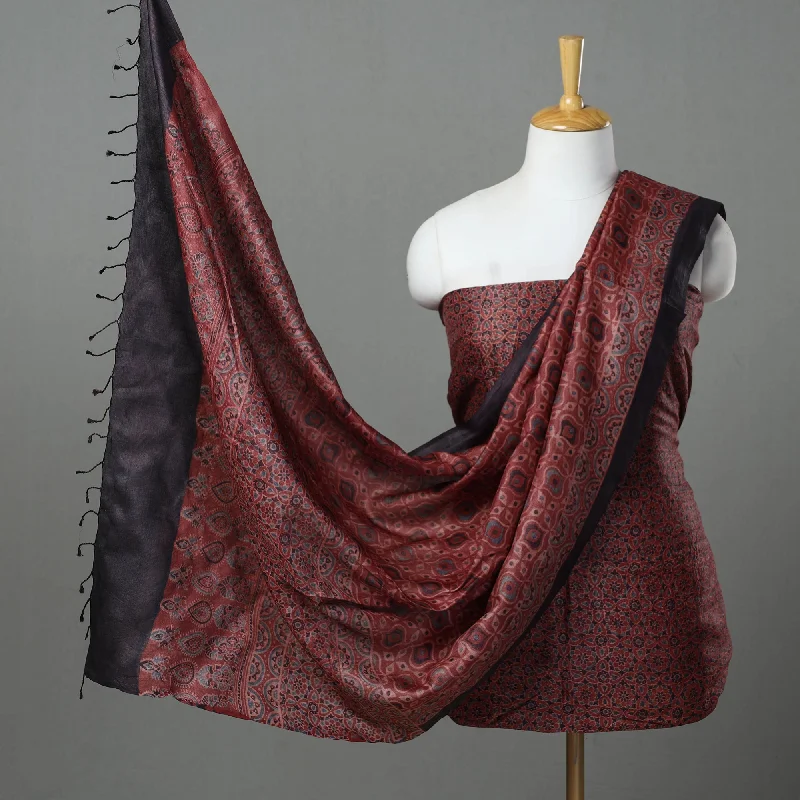 Super Sale Red - 2pc Block Print Tussar Silk Ajrakh Dress Material 30