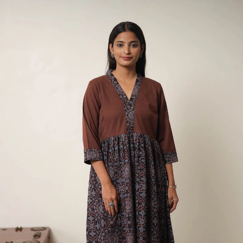 Bargain Prices Black - Hand Block Print Cotton Flared Gher Ajrakh Dress 04