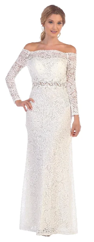 Online Specials Off White 3XL Eva 3287 Long Off Shoulder Formal Lace Dress Sale