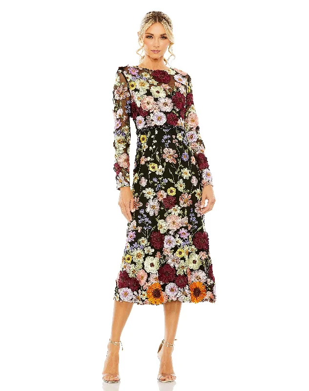 Epic Deals Mac Duggal 68462 Long Sleeve Floral Tea Length Dress