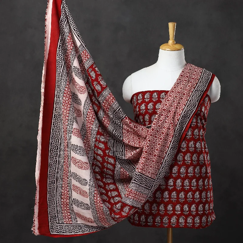 Don't Miss Red - 3pc Natural Dyed Cotton Bagh Print Suit Material Set 03