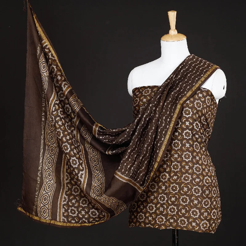 Best Bargains Brown - 3pc Akola Block Printed Chanderi Silk Suit Material Set