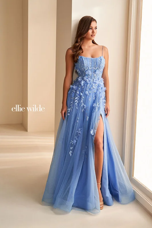 Super Deal Ellie Wilde EW36222 Long Glitter Stone Accent Formal A Line Prom Dress