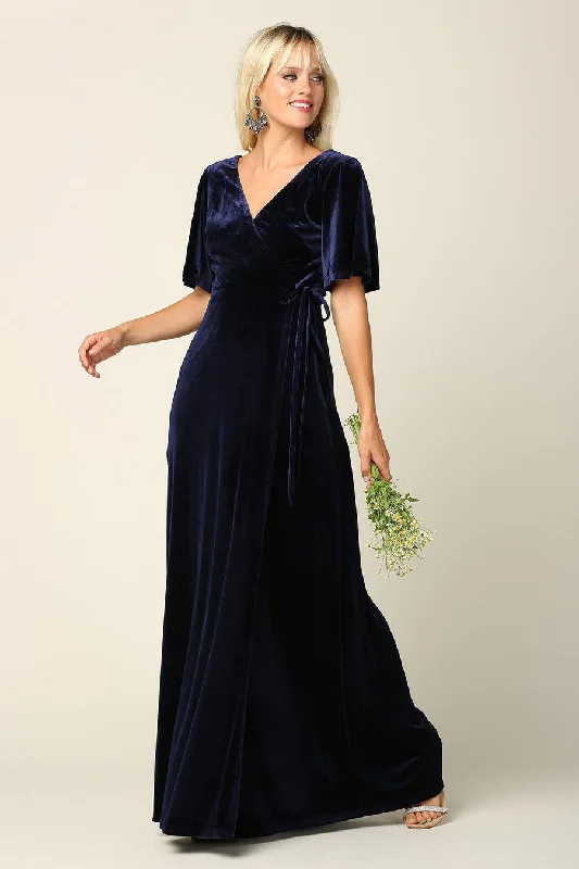 Limited Time Discount Navy 3XL Mother of the Bride Long Flutter Sleeve Velvet Gown Sale