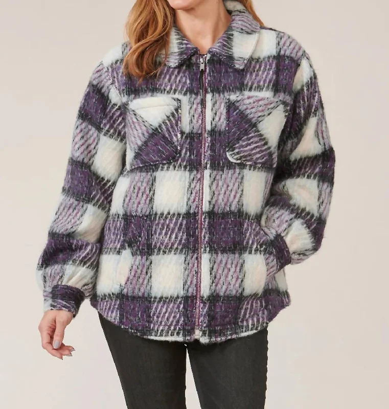 Price Drop Zip Front Collared Patch Pocket Jacket In Purple
