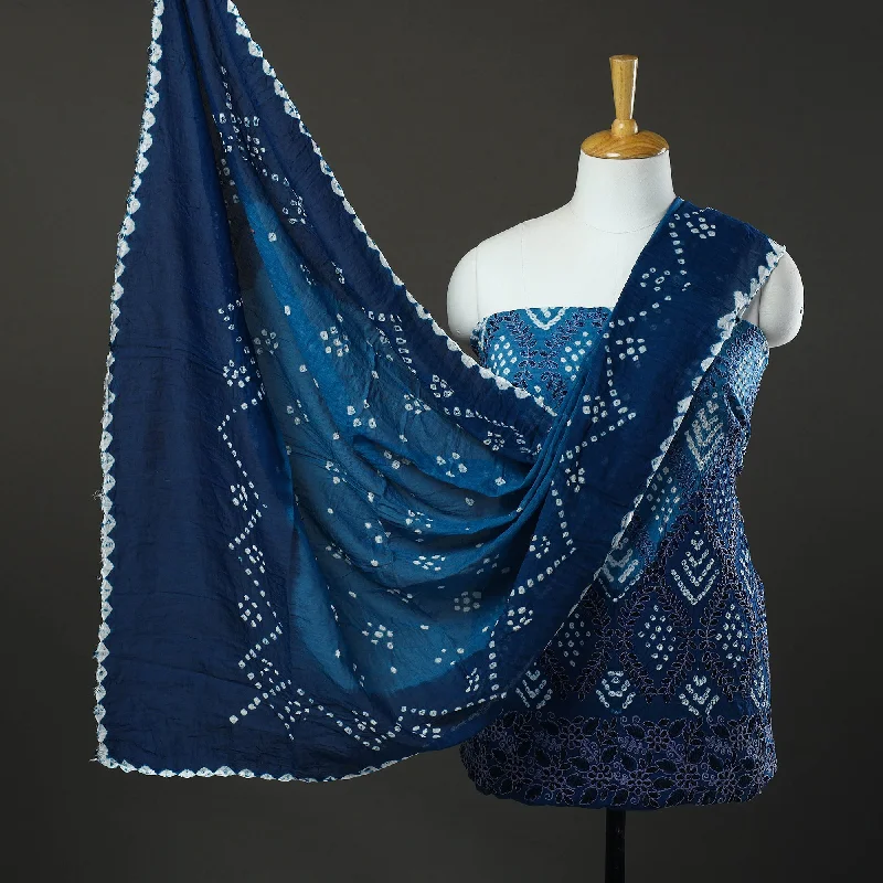 Special Discount Blue - 3pc Tie & Dye Satin Cotton Bandhani Dress Material 73