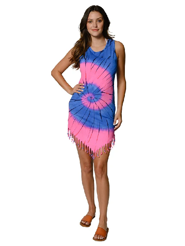 Can't Miss Tie Dye fringe bottom tank dress, in Bright, Pink&Blue, Yellow&Pink dye combinations. Perfect little cover just for you.