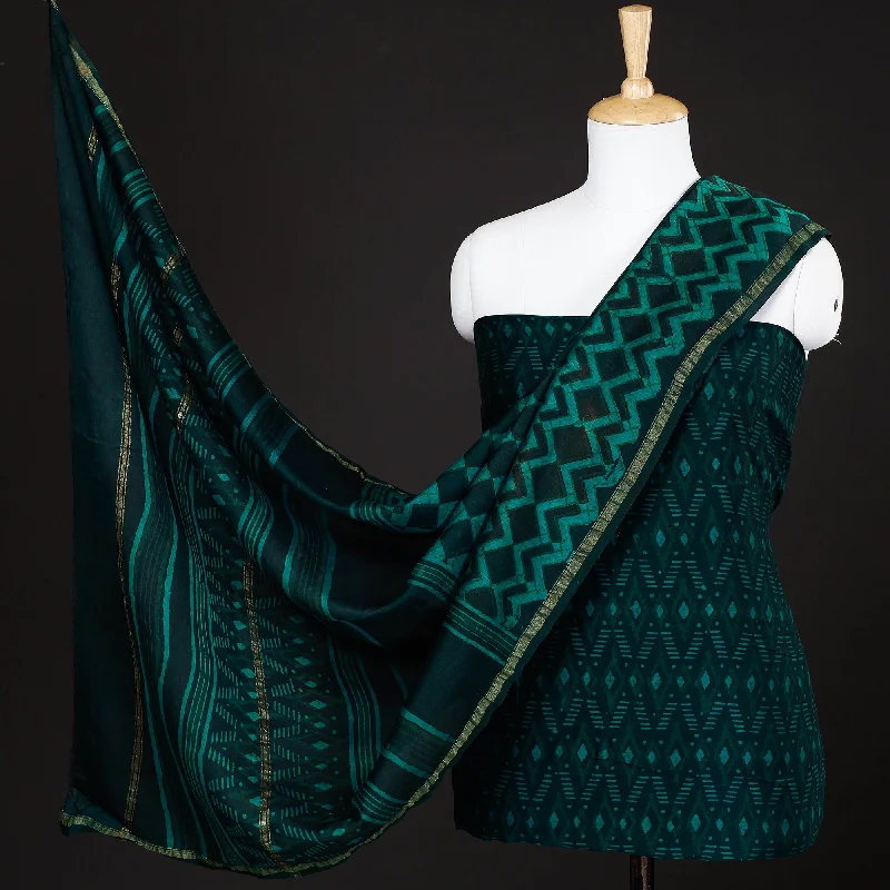 Online Only Green - 3pc Akola Block Printed Chanderi Silk Suit Material Set