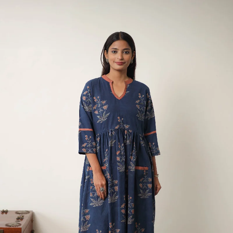 Act Now Blue - Hand Block Print Cotton Flared Gher Ajrakh Dress 07