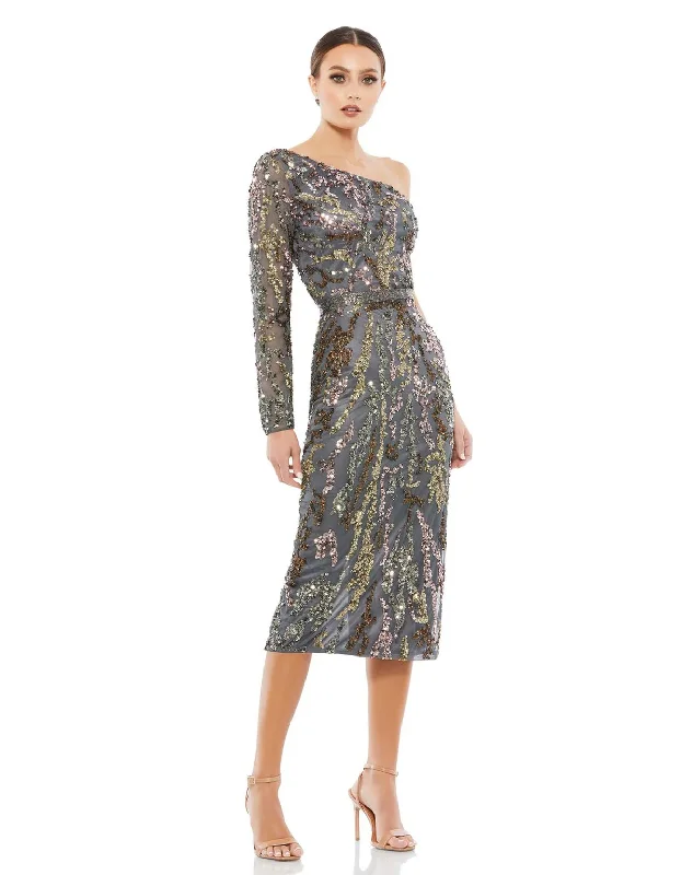 Super Deal Mac Duggal 5534 Sequined One Shoulder Long Sleeve Midi Dress