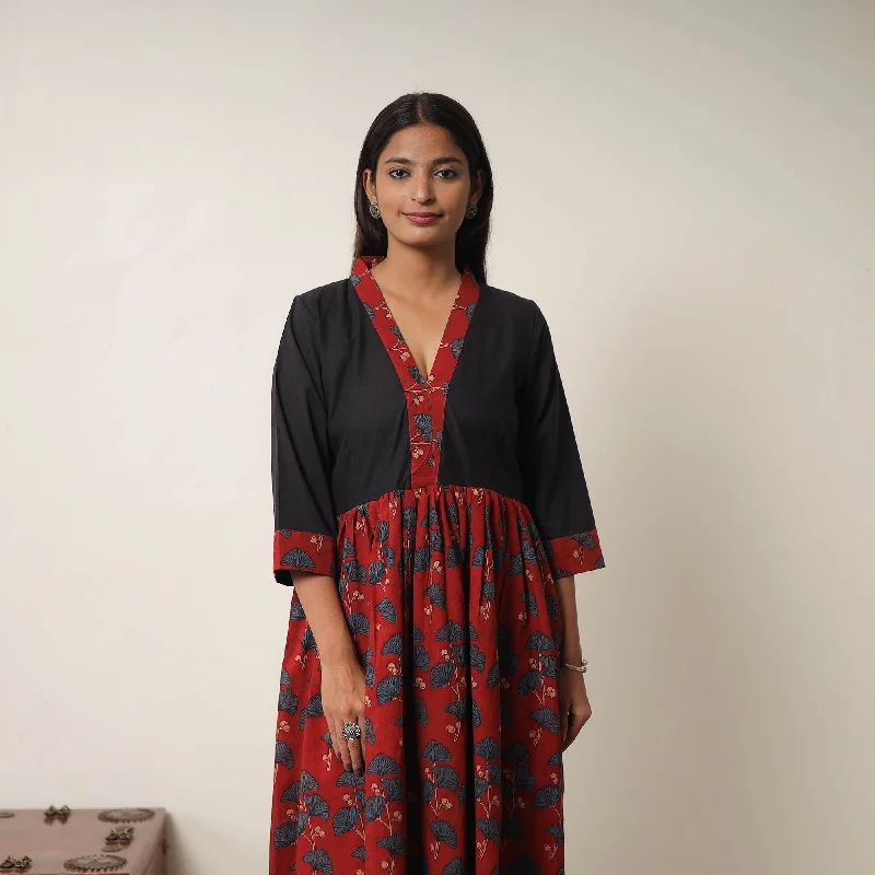Extra Discounts Red - Hand Block Print Cotton Flared Gher Ajrakh Dress 05