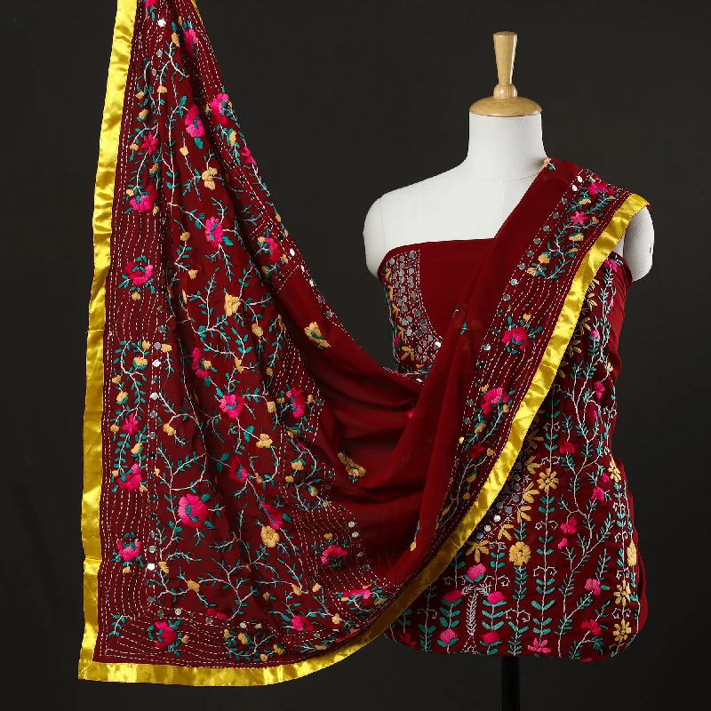 Instant Savings Maroon - 3pc Phulkari Embroidery Chapa Work Georgette Suit Material Set 55 Instant Savings Maroon - 3pc Phulkari Embroidery Chapa Work Georgette Suit Material Set 55
