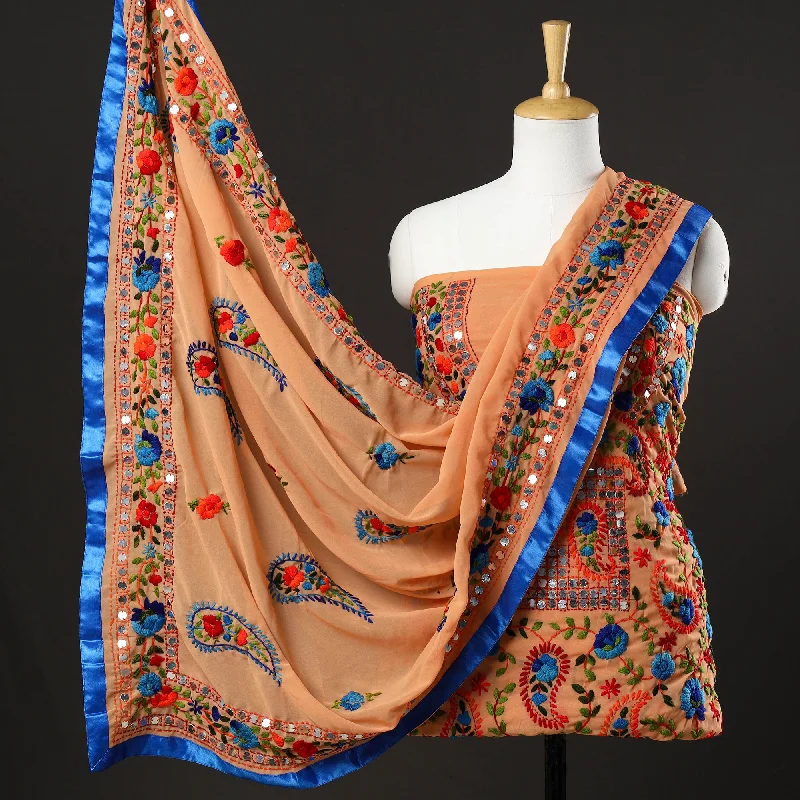 Epic Deals Brown - 3pc Phulkari Embroidery Chapa Work Georgette Suit Material Set 25
