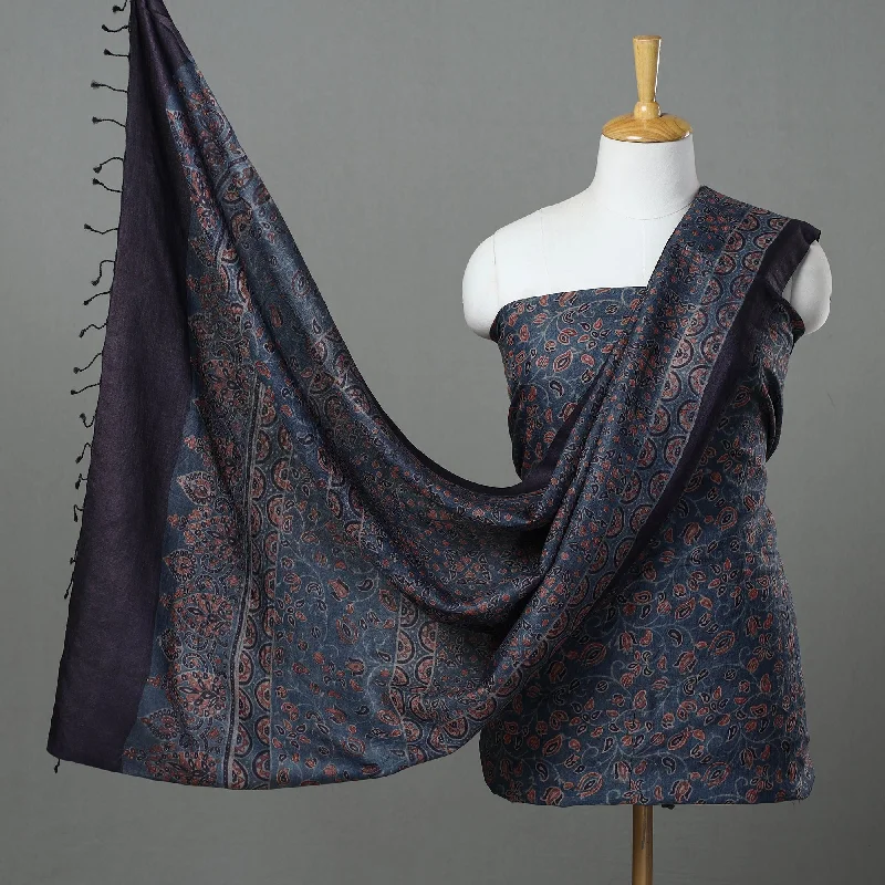 Big Savings Blue - 2pc Block Print Tussar Silk Ajrakh Dress Material 23
