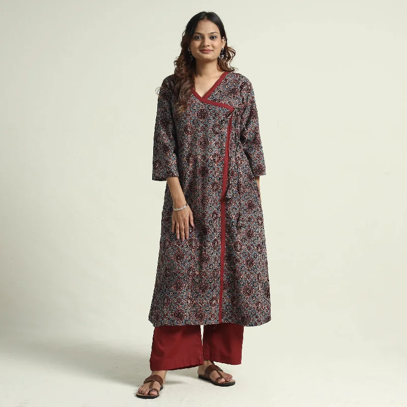 Special Offer Blue - Block Print Cotton Flared Ajrakh Kurta with Palazzo Set