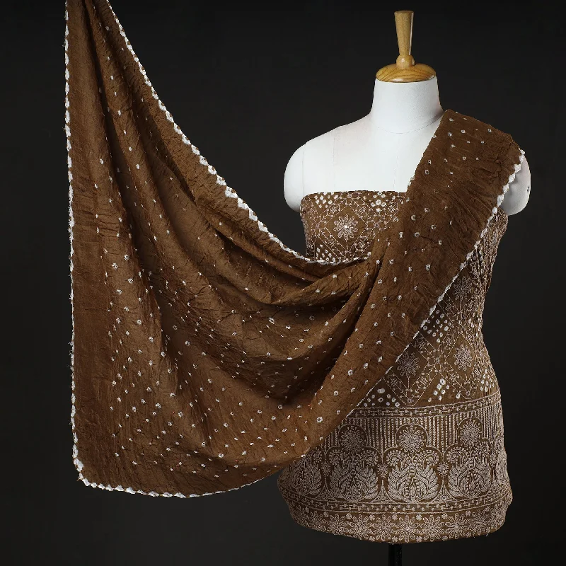 Seasonal Sale Brown - 3pc Kutch Bandhani Tie-Dye Mirror Work Satin Cotton Suit Material Set 61 Seasonal Sale Brown - 3pc Kutch Bandhani Tie-Dye Mirror Work Satin Cotton Suit Material Set 61