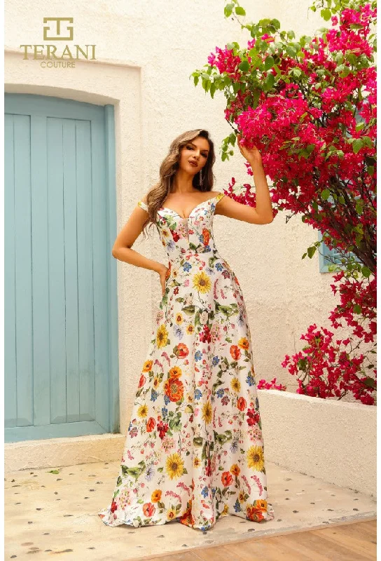 Bargain Prices Terani Couture 251P4375 A Line Long Floral Print Formal Prom Dress