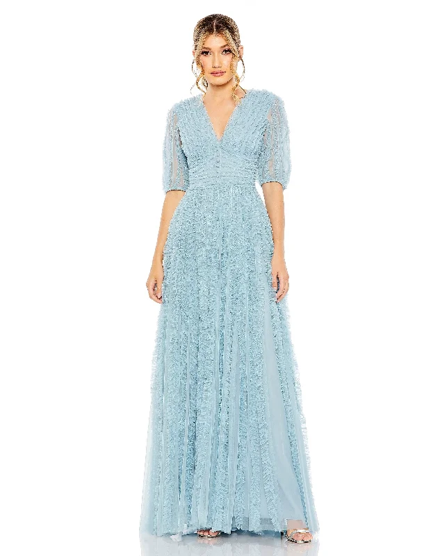 Deal Dash Mac Duggal 8050 Long Formal Puff Sleeve Ruffle Dress
