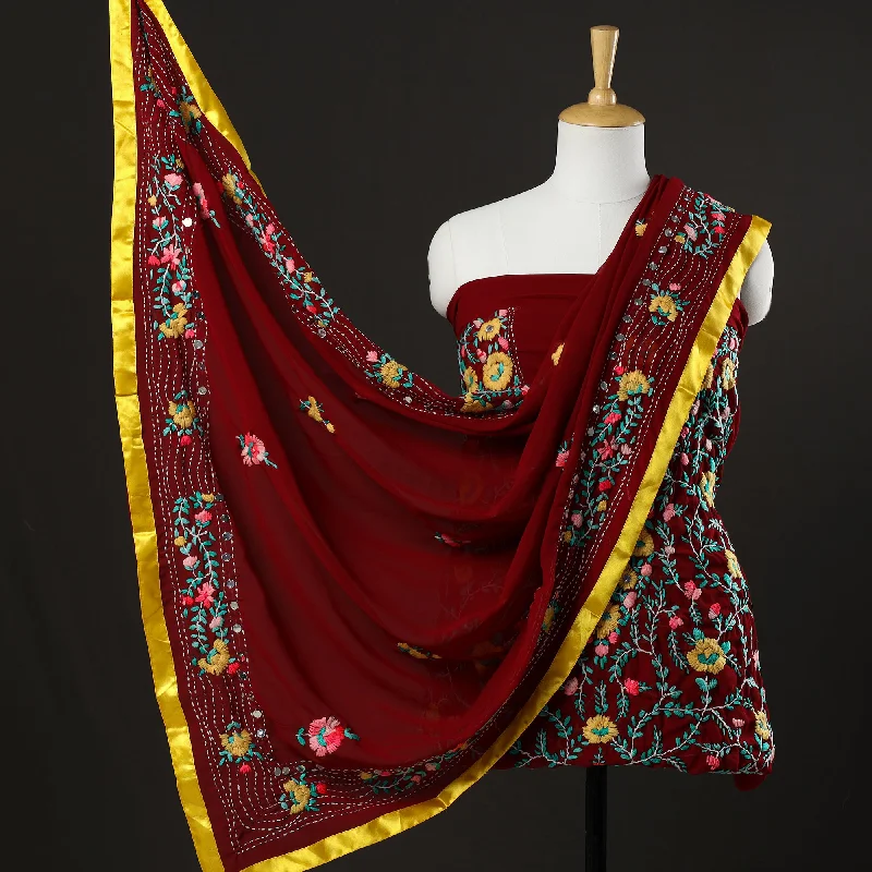 Seasonal Clearance Maroon - 3pc Phulkari Embroidery Chapa Work Georgette Suit Material Set 54 Seasonal Clearance Maroon - 3pc Phulkari Embroidery Chapa Work Georgette Suit Material Set 54
