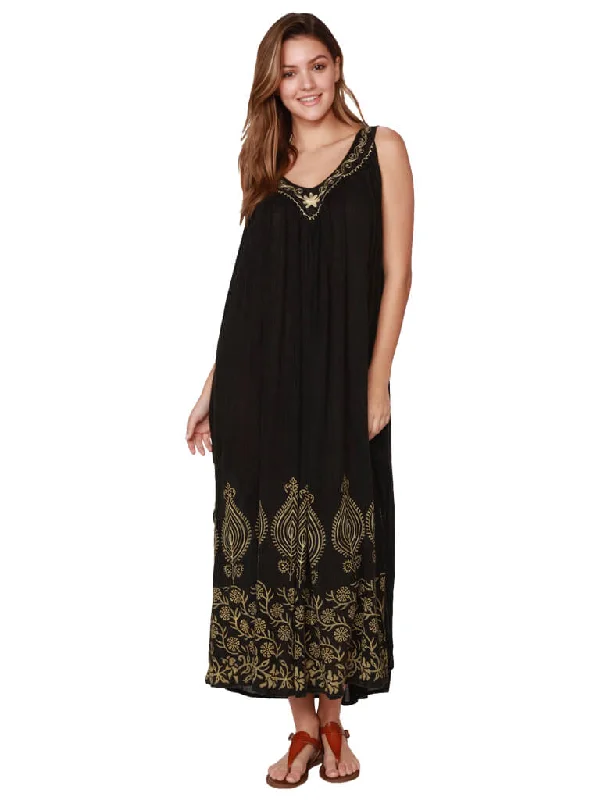 Friends and Family Sale Long crinkle dress in black rayon with embroidery and print
