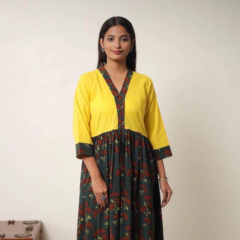 Clearance Items Green - Hand Block Print Cotton Flared Gher Ajrakh Dress 02