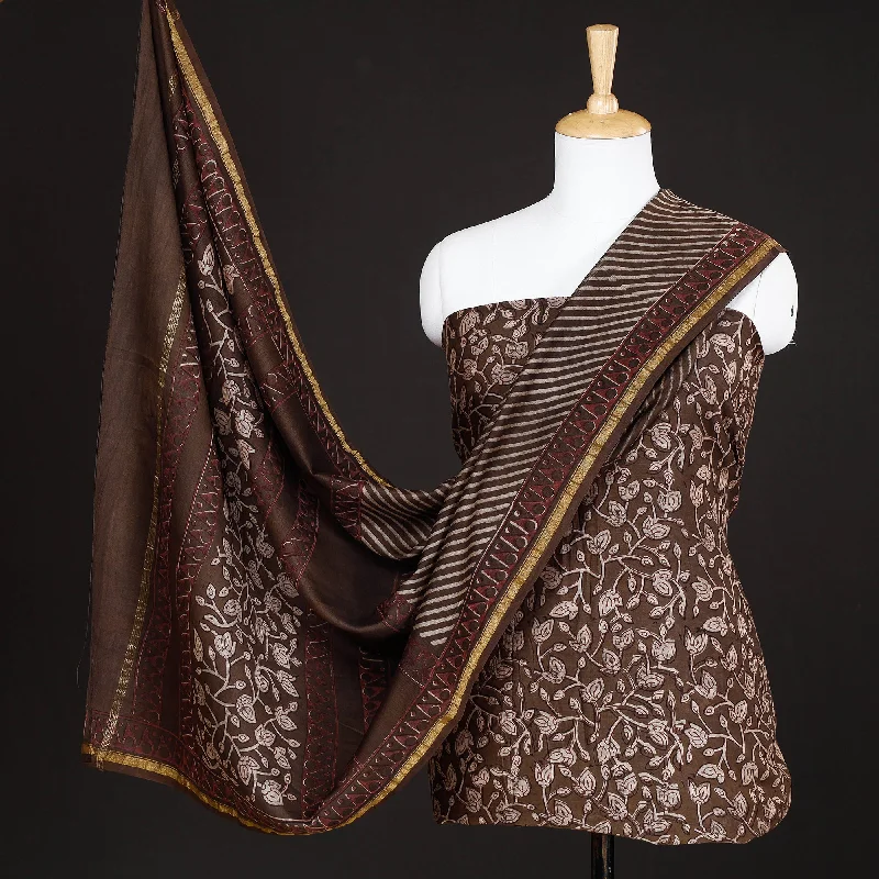 Final Markdown Brown - 3pc Akola Block Printed Chanderi Silk Suit Material Set