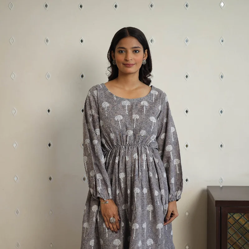 Price Buster Grey - Block Printed Cotton Fit & Flare Bagru Dress 05