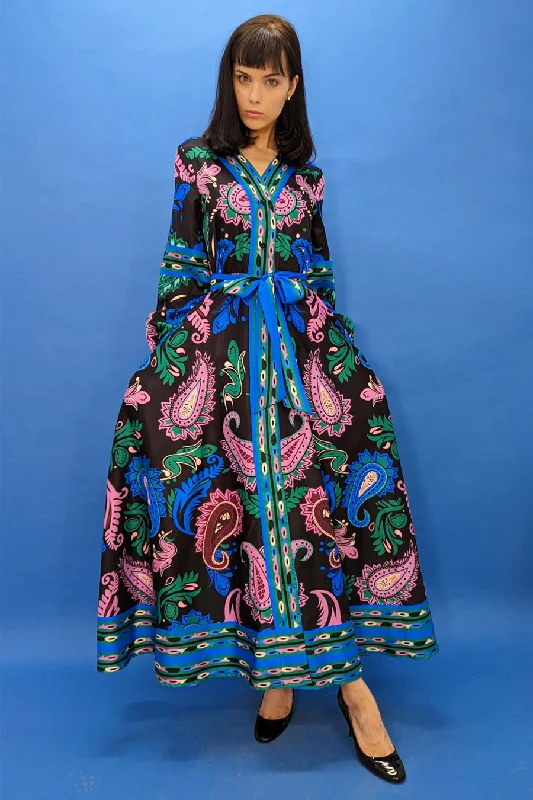 Extra Savings Long Sleeve V Neck Printed Wrap Belt Button Down Dress