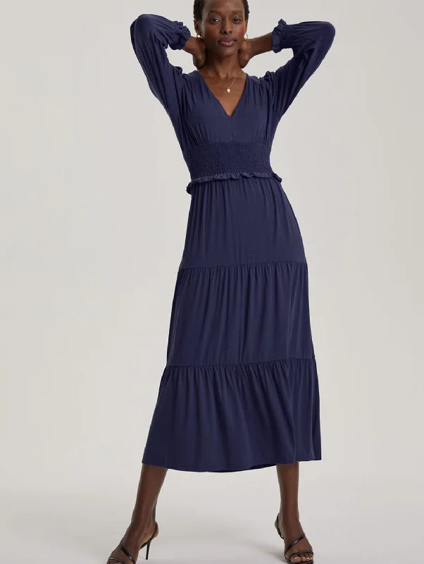 Markdowns Airin Smocked Waist LENZING™ ECOVERO™ Jersey Midi Dress | Midnight Blue