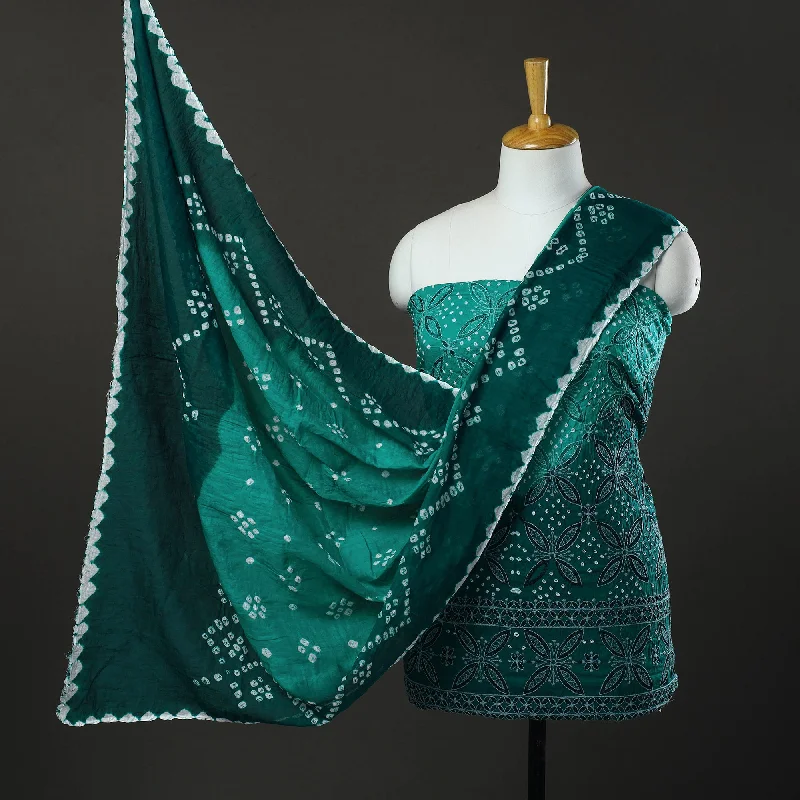 New Markdowns Green - 3pc Tie & Dye Satin Cotton Bandhani Dress Material 80