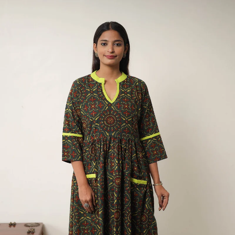 Now or Never Green - Hand Block Print Cotton Flared Gher Ajrakh Dress 09