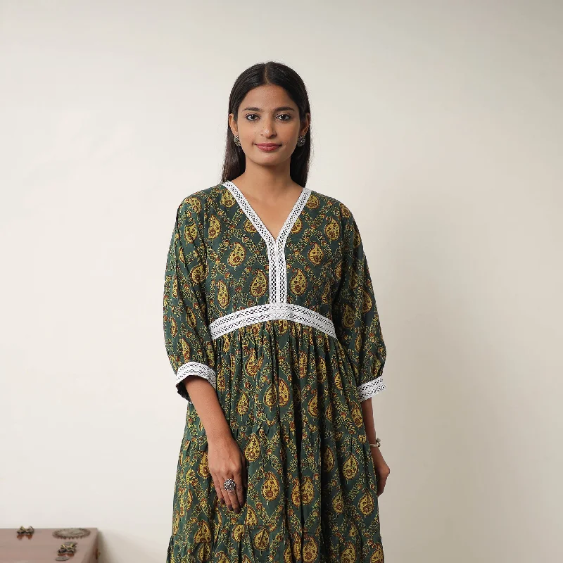 Exclusive Offers Green - Hand Block Print Cotton Tiered Ajrakh Dress 16