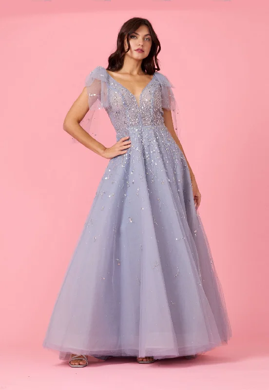 Can't Miss Short Sleeve Silver Formal Evening Dress Periwinkle