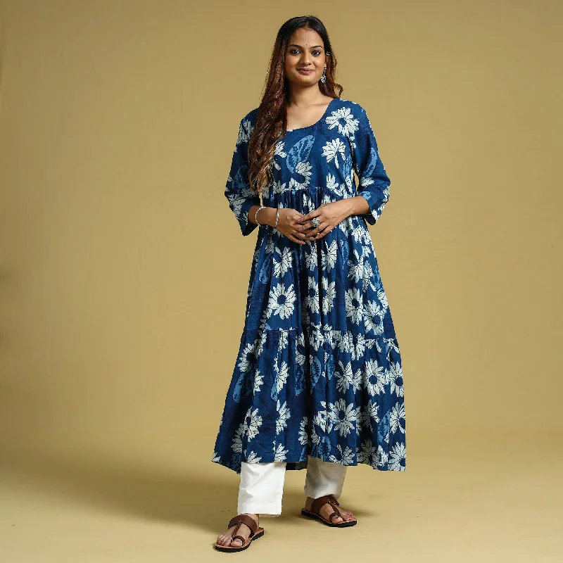 Special Discount Blue - Dabu Block Printed Cotton Flared Gher Dress