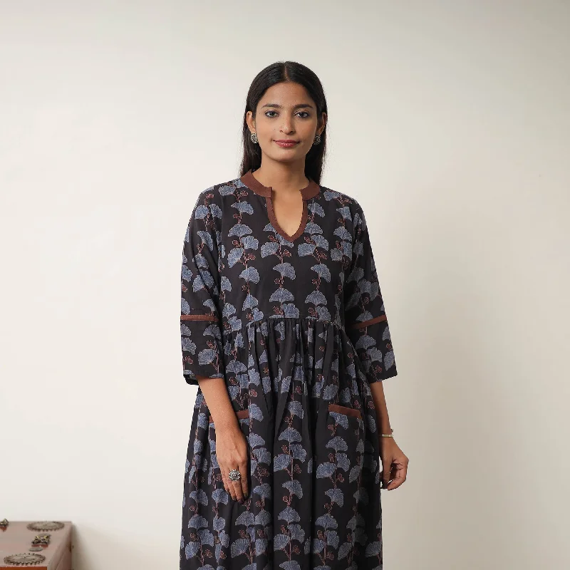 Hurry In Black - Hand Block Print Cotton Flared Gher Ajrakh Dress 06