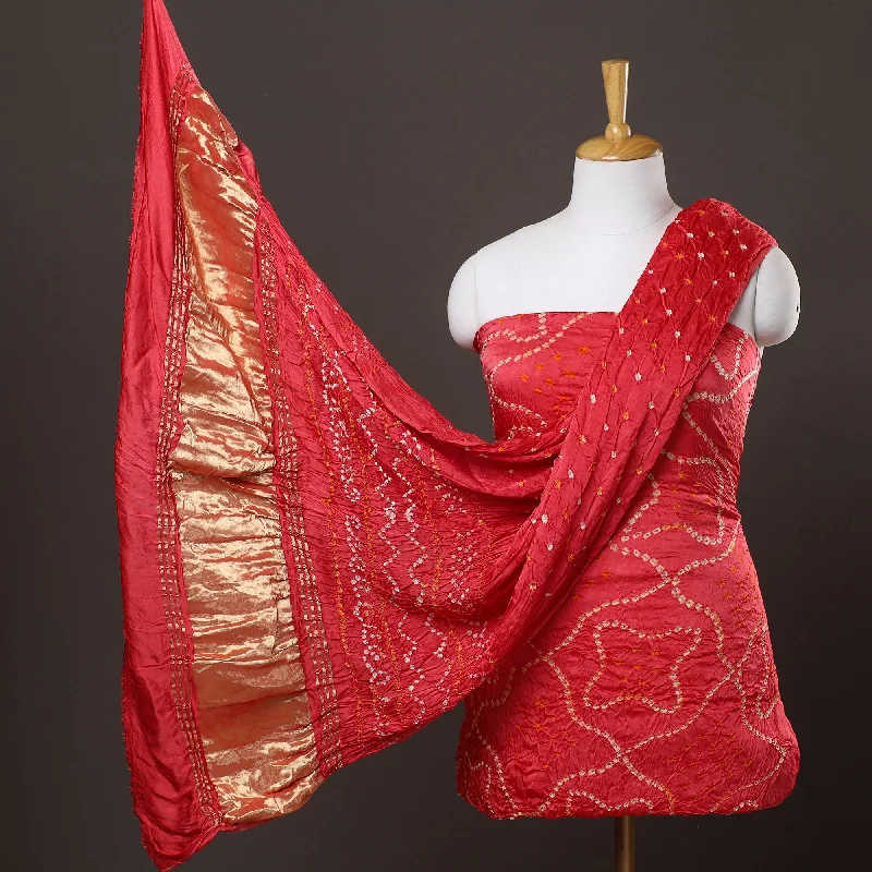 YEAR-End Clearance Red - 3pc Modal Silk Kutch Bandhani Dress Material 08