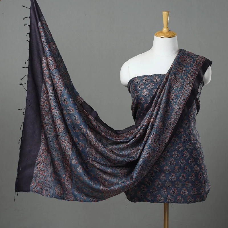 Weekend Deal Blue - 2pc Block Print Tussar Silk Ajrakh Dress Material 29