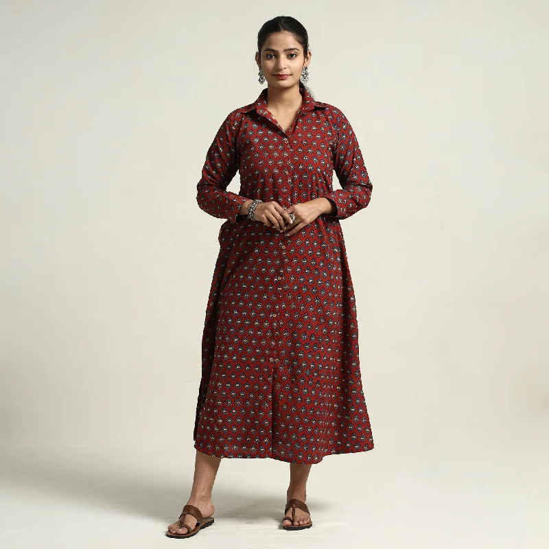 One-DAY Sale Maroon - Hand Block Printed Cotton Ajrakh Dress