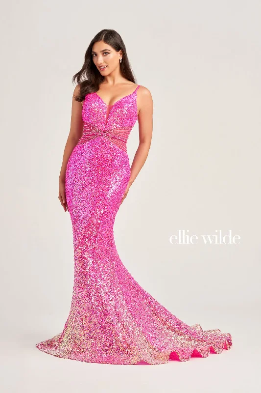 Instant Discount Ellie Wilde EW35044 Beaded Long Formal Fitted Sequin Prom Dress