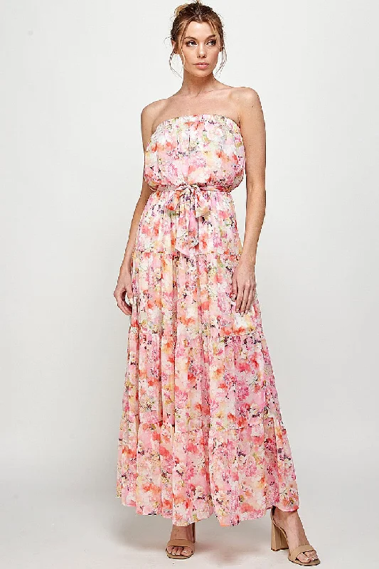 Big Discounts Long Strapless Floral Print Maxi Dress