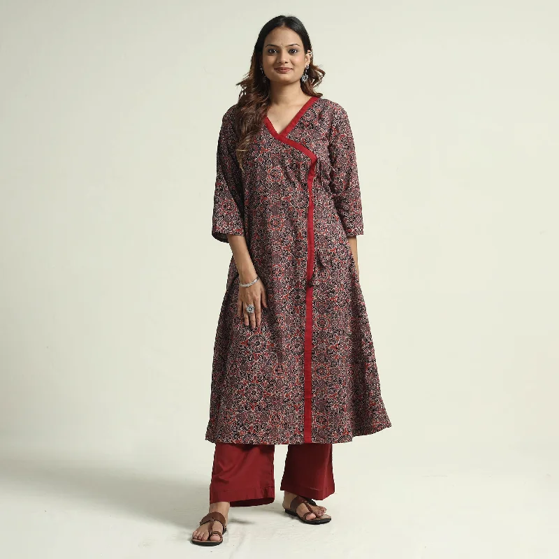 Year-End Sale Brown - Block Print Cotton Flared Ajrakh Kurta with Palazzo Set