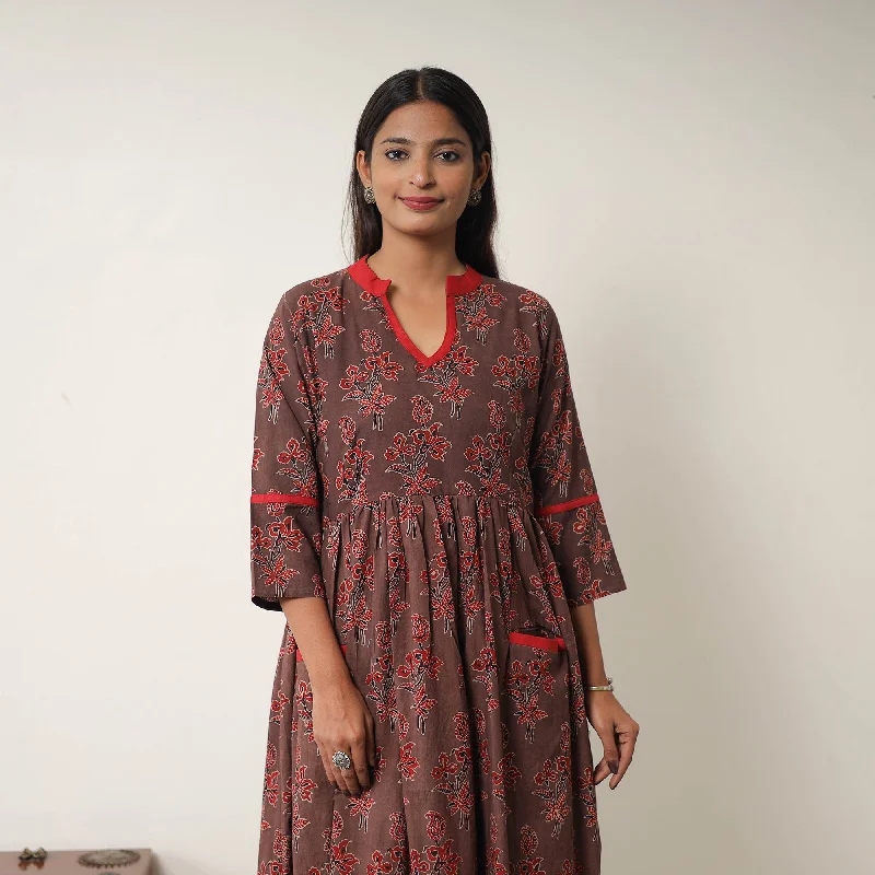 Price Cut Brown - Hand Block Print Cotton Flared Gher Ajrakh Dress 08