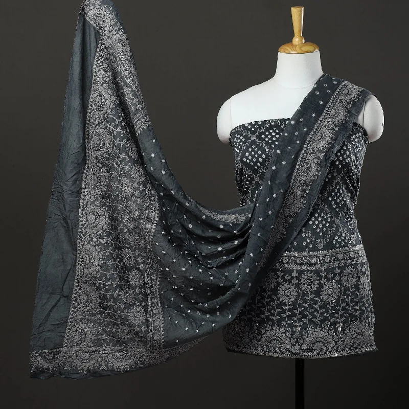 Super Savings Grey - 3pc Kutch Tie-Dye Satin Cotton Bandhni Dress Material 11