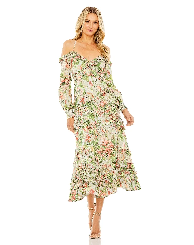 Value Deals Mac Duggal 8082 Floral Ruffle Cocktail Long Sleeve Midi Dress