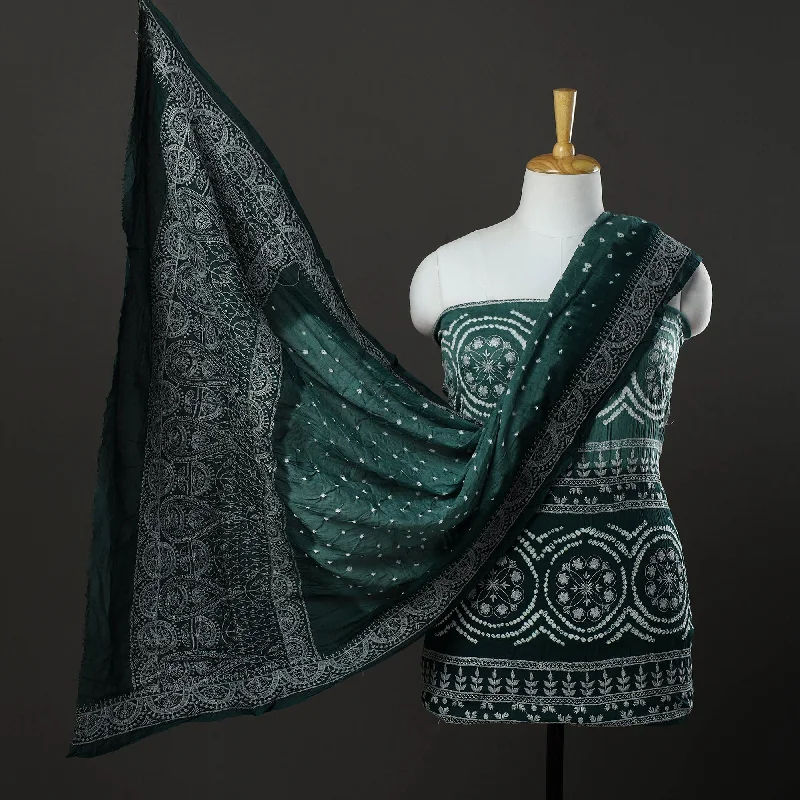 Buy More, Save More Green - 3pc Kutch Tie-Dye Satin Cotton Bandhni Dress Material 15