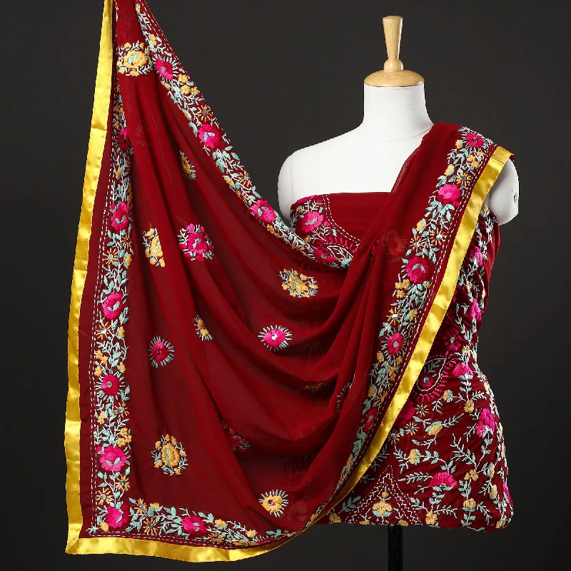 Great Deals Red - 3pc Phulkari Embroidery Chapa Work Georgette Suit Material Set 22