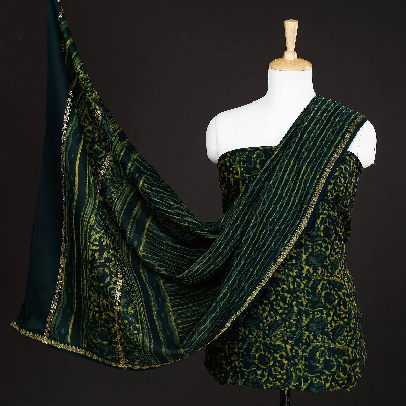 Huge Discounts Green - 3pc Akola Block Printed Chanderi Silk Suit Material Set