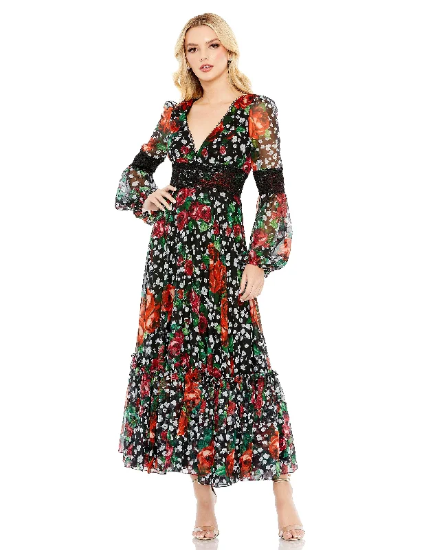 Limited Availability Mac Duggal 11402 Floral Print Formal Chiffon Tea Length Dress